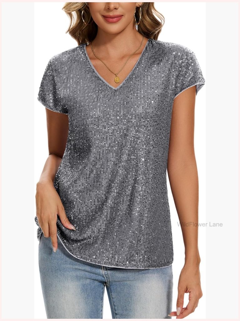 Full Sequin Glitter Party Tunic Blouse V-Neck Cap Sleeve